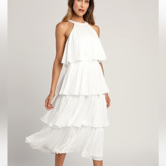 LULU'S SZ S Tier and Far White Tiered Pleated Halter Midi Dress - Picture 4 of 15
